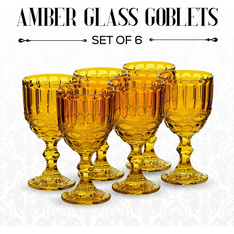 Elle Decor Embossed Goblets Glasses, Vintage Glassware Sets, Water Goblets  for Party, Wedding, & Daily Use, Set of 6, Amber