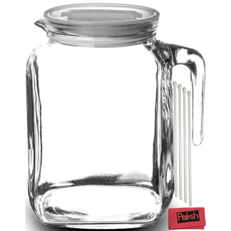 Hermetic Seal Glass Pitcher With Lid and Spout [68 Ounce] Great for Homemade Juice & Iced Tea or for Glass Milk Bottles - Bundled with Stirrers &