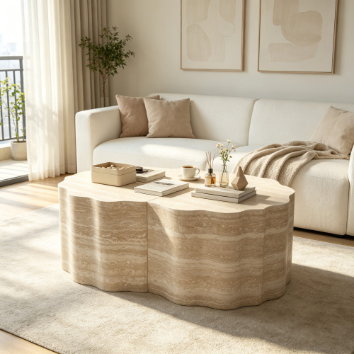 Round Nesting Coffee Table, Wood Side End Tables with Pet Bed Design, Modern Minimalist Accent Tables for Living Room Bedroom Office Balcony, Beige