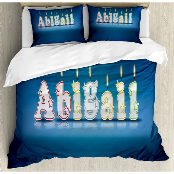 Abigail Queen Size Duvet Cover Set, Alphabet Letters for Sweet Birthday Cake Topping on Blue Backdrop Image, Decorative 3 Piece Bedding Set with 2 Pillow Shams, Blue and Multicolor, by Ambesonne