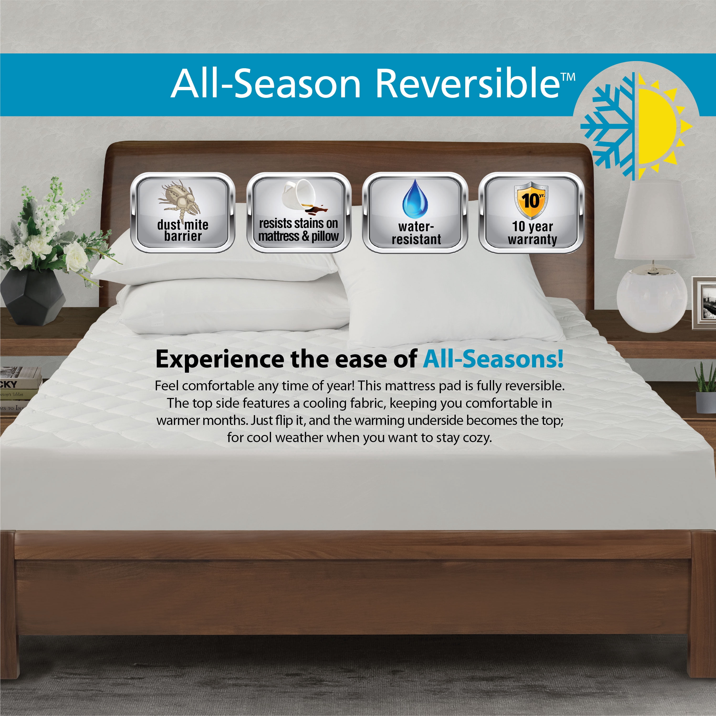 All-in-One All Season Reversible Cooling & Warming Fitted Mattress Pad, Full