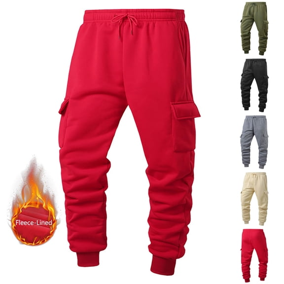 Miluxas Mens Fleece Cargo Sweatpants Heavyweight Elastic Waist Pants with Pockets Baggy Drawstring Jogger Pants Red