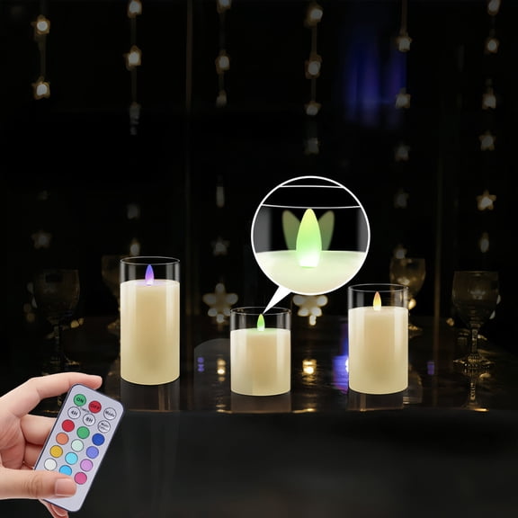 Set of 3 Remote Control Glass Candles - Multicolor LED Flameless Candles with Timer for Christmas, Halloween, Birthday Parties