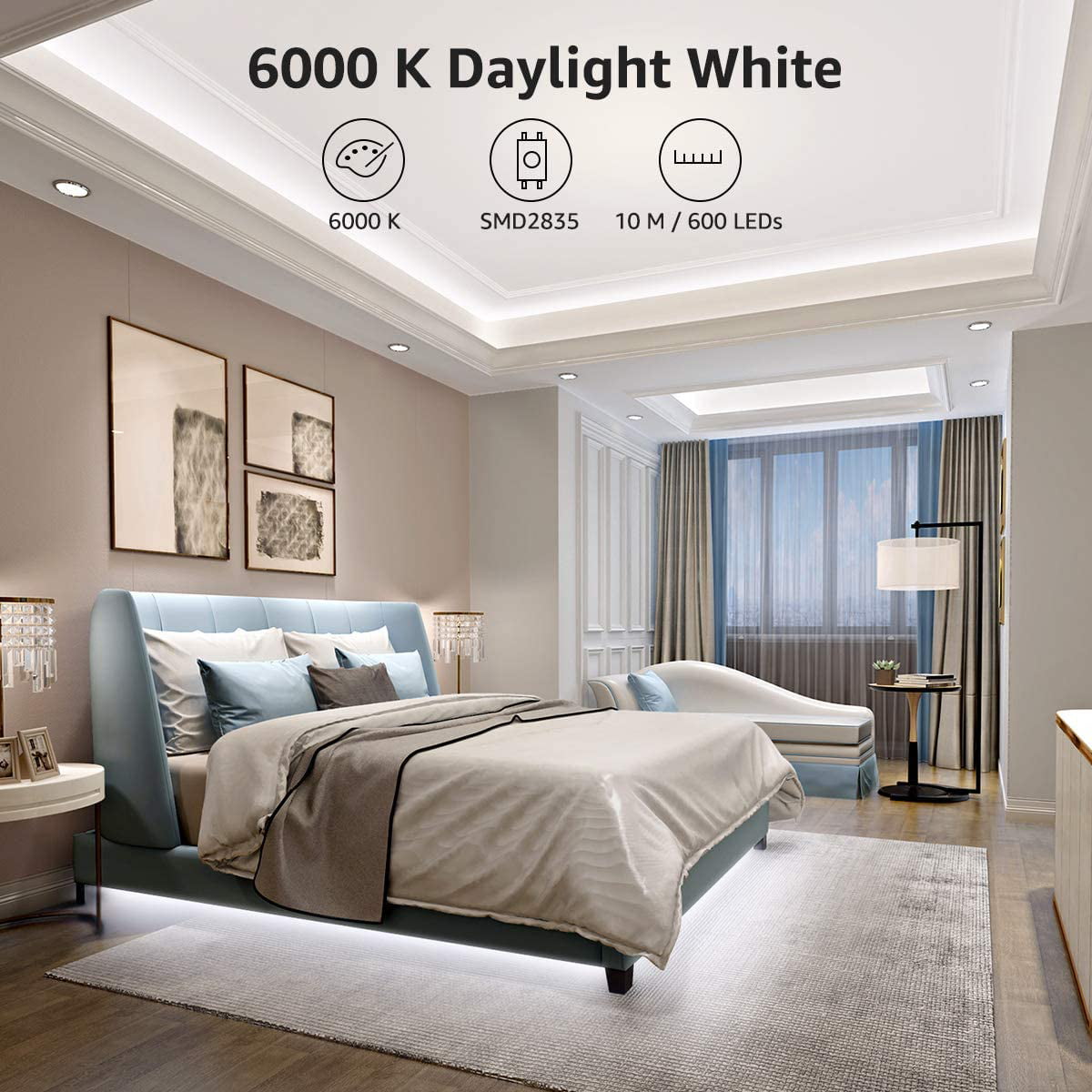 Suitable for Home Daylight White Bedroom Strong 3M Adhesive 6000K Super Bright LED Tape Lights Kitchen 16.4ft Dimmable Vanity Lights Lighting EVER LED Strip Light White 300 LEDs 2835