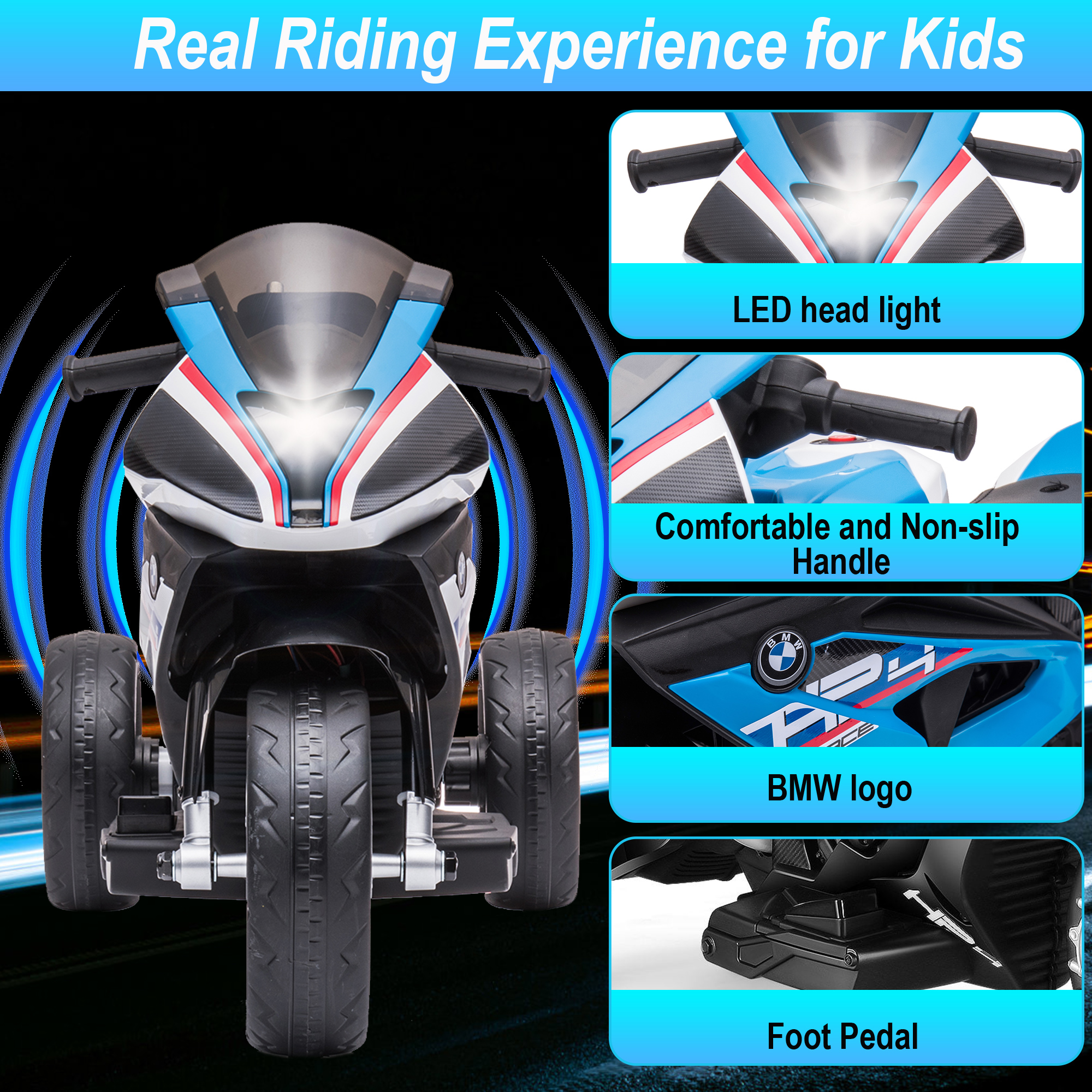 12V 2 Seater Kids Electric Motorcycle for 3-6 Years Old, Battery Powered Ride on Motorcycle Toy w/ Music and LED Light, Motorized Dirt Bike for Boys Girls, 3 Wheels, Blue
