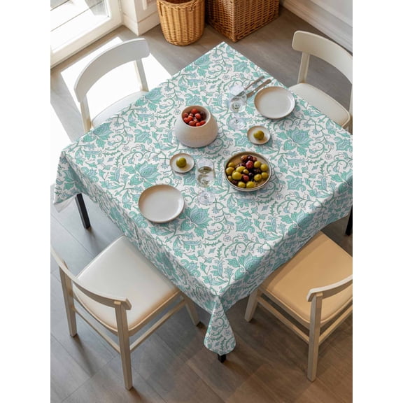 Green Flowers Tablecloth Square Table Cloth 60x60 ,Waterproof Outdoor Table Cloth Covers Decorative Table Protector ,Boho Ethnic Abstract Floral Texture Washable Table Cover for Kitchen Dinning Party