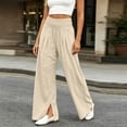 thumbnail image 3 of Wide Leg Linen Pants Women High Waisted Boho Beach Flowy Pants Pleated Casual Vacation Outfits Elastic Trousers Split Hem, 3 of 9