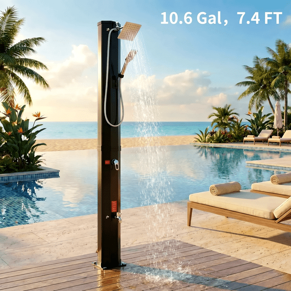 Pirecart 10.6 Gallon Solar Heated Shower, 7.4 FT Height Outdoor Solar Shower with W/360 Rotating Rainfall, Handheld Head, Freestanding Shower Outside with Temperature Adjustment