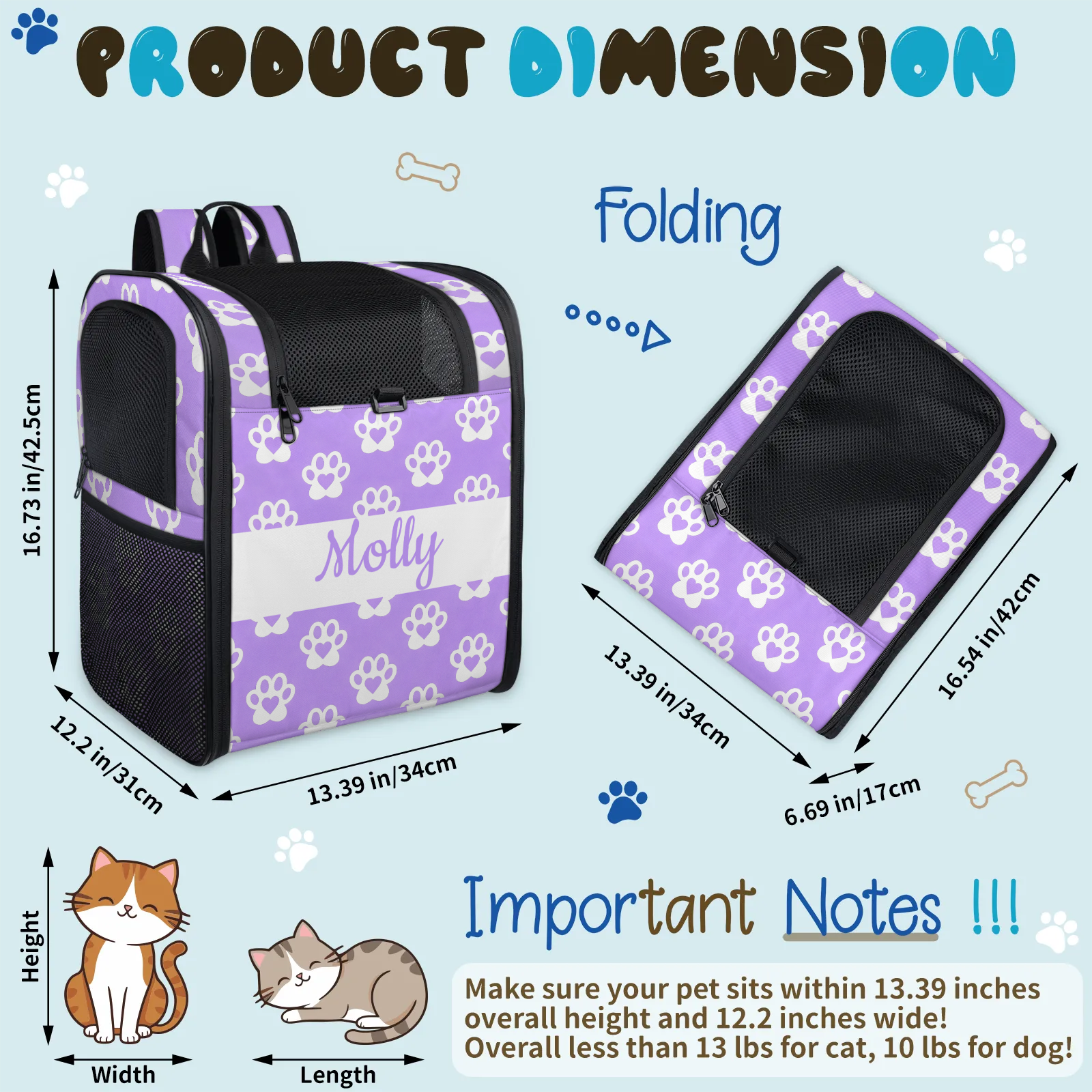 Pet Carrier Backpack,Dog Carrier Backpack with Breathable Mesh for Small Dogs Cats Puppies,Custom Pet Backpack Bag with Name,Hold Pets Up to 13 Lbs for Hiking, Travel, Outdoor