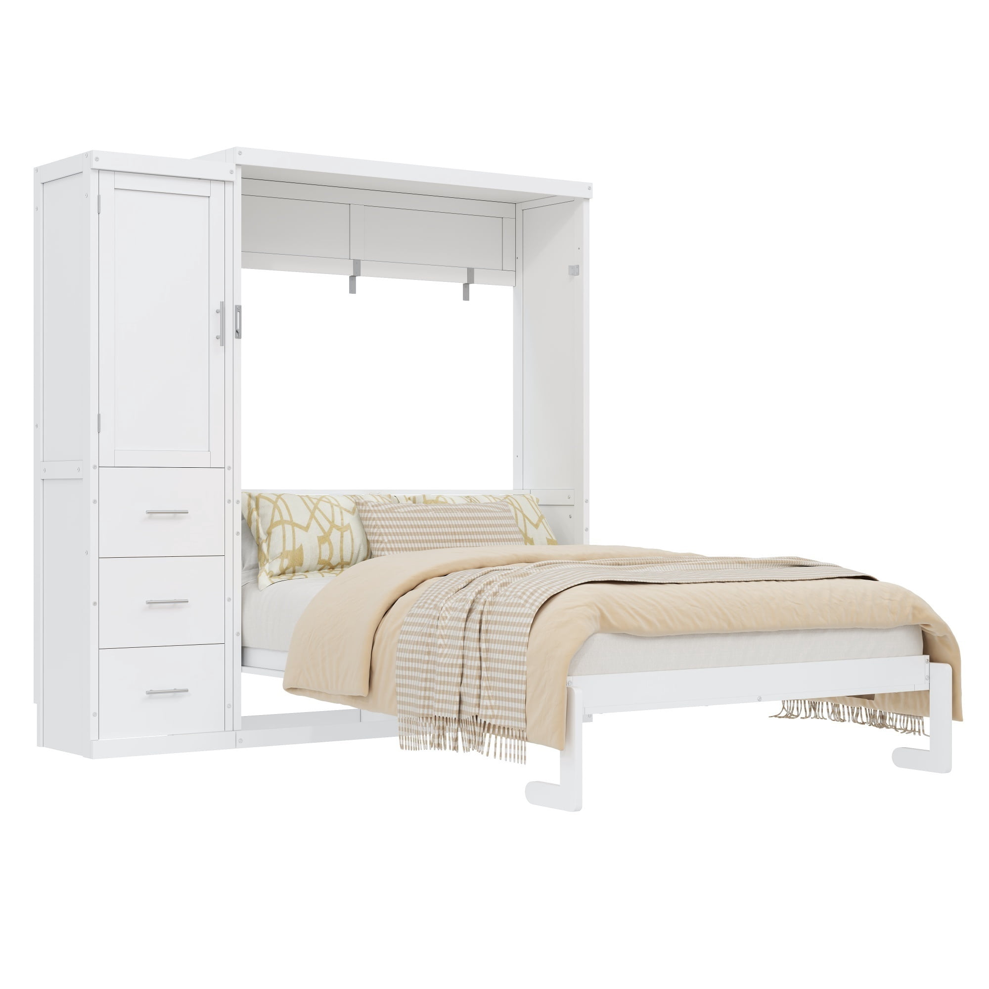 Euroco Wood Queen Size Murphy Bed with Drawer, Convertible Bed into Cabinet with USB Charging Station, White