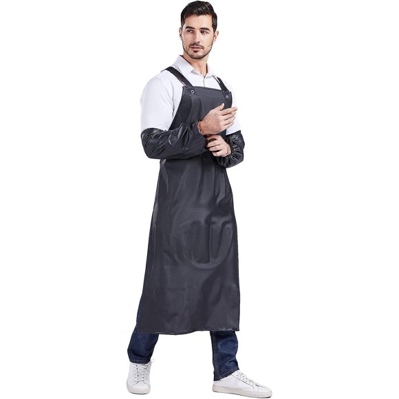 Adjustable Heavy Duty Waterproof Apron, Rubber Work Apron, Black, Apron + Sleeves