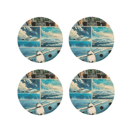 

Leather Coasters Set of 4 - Comic Airplane Cockpit Illustration Lightweight Non-Slip Drink Coasters for Desk Anti-Scalding Desk Cup Coasters for Office Table Decor Round Shape