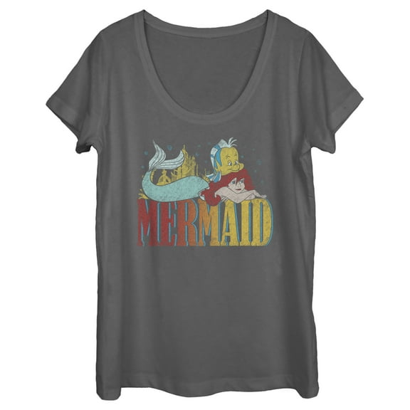 Women's The Little Mermaid Ariel and Flounder Distressed Logo  Scoop Neck Charcoal Medium