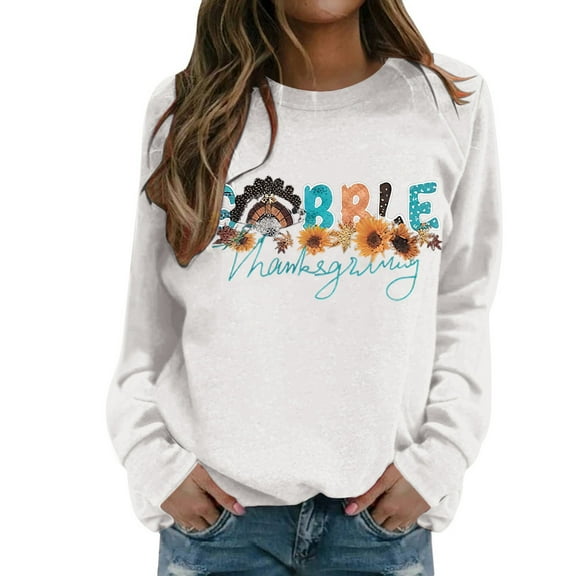 Fiaer Thanksgiving Sweatshirts for Women Plus Size Crew Neck Long Sleeve Pullover Letter Floral Graphic Baggy Tops White XL