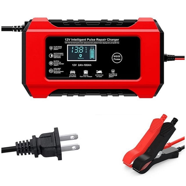 Automatic Car Battery Charger 12V 6A Pulse Repair Fast Power Charging Wet Lead Acid Charger Digital LCD Display US Plug,1 * Car Battery Charger,Red & Black
