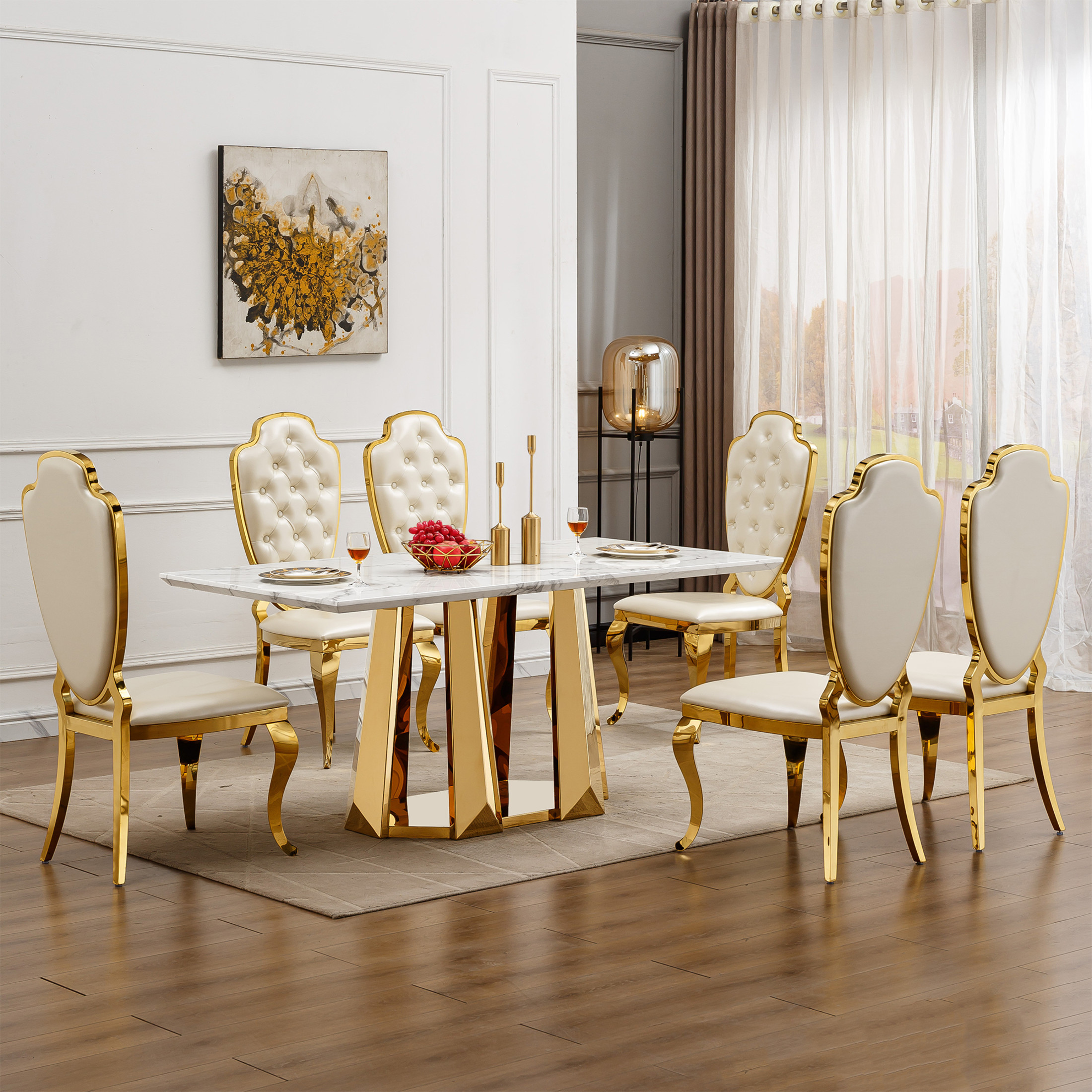 Noble House Modern 70" Rectangle Faux Marble Dining Table with Stainless Steel Base, for Kitchen, Gloss White & Gold