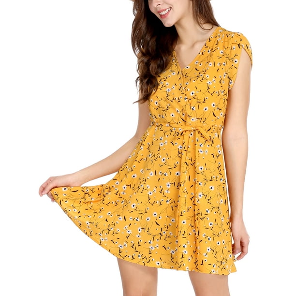 Vestido Fluido Floral con Cinturón y Cuello en V Cruzado Boho Amarillo S Allegra K