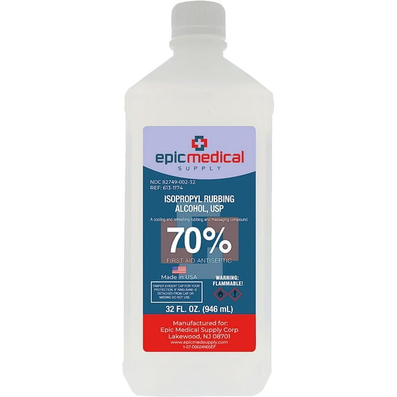 Epic Medical Supply Isopropyl Rubbing Alcohol 70% USP, 32 oz. Bottle, Multipurpose First Aid Antiseptic for Minor Wounds, Cuts, and Scrapes