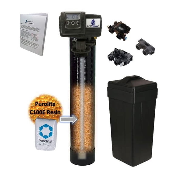 AFWFilters 64,000 Grain Purolite C100E NSF Resin Whole House Water Filter Fleck 5600SXT Water Softener System Complete with Salt Tank 1" MNPT Plastic Yoke with Bypass