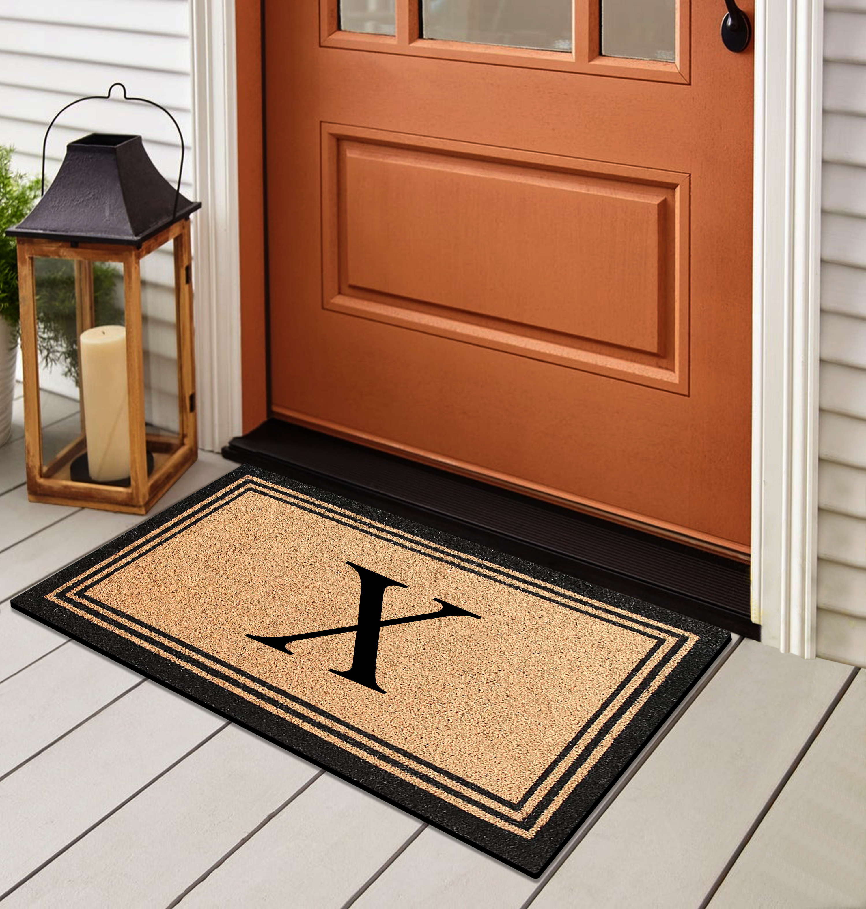 A1HC Black/Beige 18 in x 30 in Front Door Mat Coir PVC Classic Border Entryway Mat Heavy Duty Boot Scrapper Monogrammed Doormat