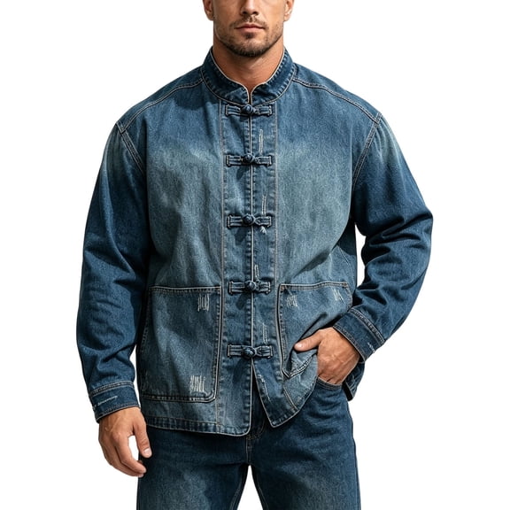 USNSM Men's Denim Jacket Mandarin Collar Frog Button Vintage Coat Long Sleeve Pocket Casual Top for Fall Winter Blue XL