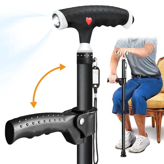 ispuoocti Adjustable Walking Cane for Men and Women with 2nd Handle for Extra Support, Stylish Cane with LED Light, Suitable for Seniors and People Suffering from Different Types of Arthritis (Black)