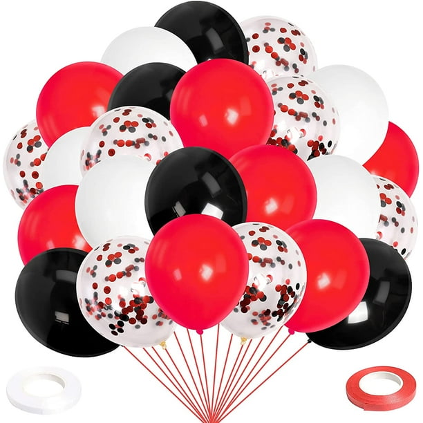 62 Pieces Black Red Confetti Balloons Kit - 12 Inches Black Red White Confetti Balloons with Balloon Ribbon for Baby Shower Birthday Quinceanera