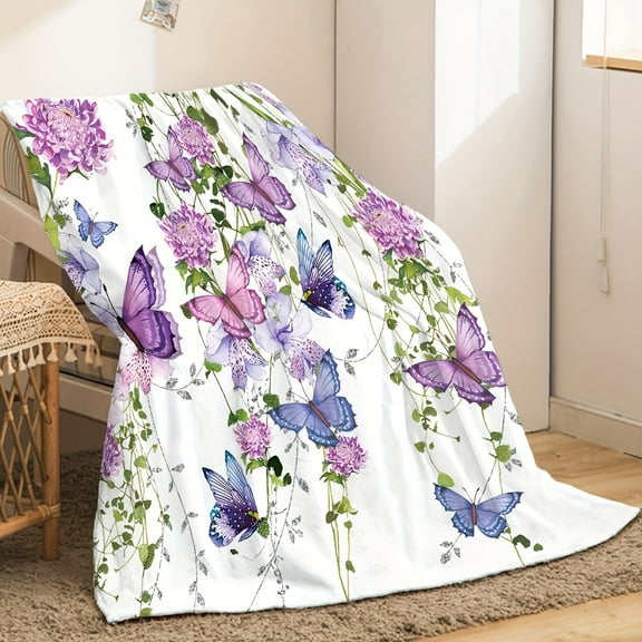 Vibrant Floral and Butterfly Print Flannel Blanket Soft Comfortable Throw for Travel Sofa Bed Office Decor Ideal Gift for Youngsters Adults Modern Style with Purple Blue Pink Flowers