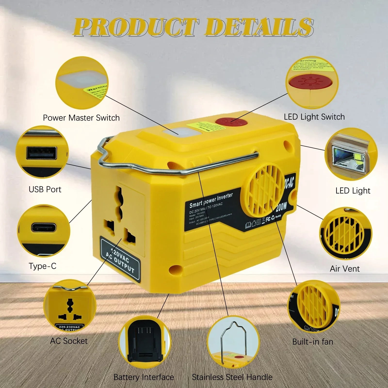 200W Portable Power Inverter Outdoor Mobile Lithium Battery Inverter with LED Light 18V 20V Li-ion Battery ,Easy to Use