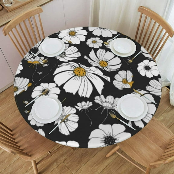 Round Fitted Tablecloth with Elastic White Flowers line Art Style Black Fitted Table Covers for Round Tables Waterproof Reusable Vinyl Table Cloth for Indoor and Outdoor 45"-56" ,24ju26caA19