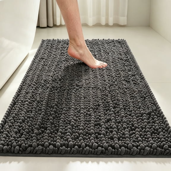 MudFree Bath Mat for Tub Non Slip 24x16 Inch, Super Absorbent Chenille Bathroom Rugs Door Mat, Quick Dry Washable Floor Carpet for Tub Shower, Deep Gray