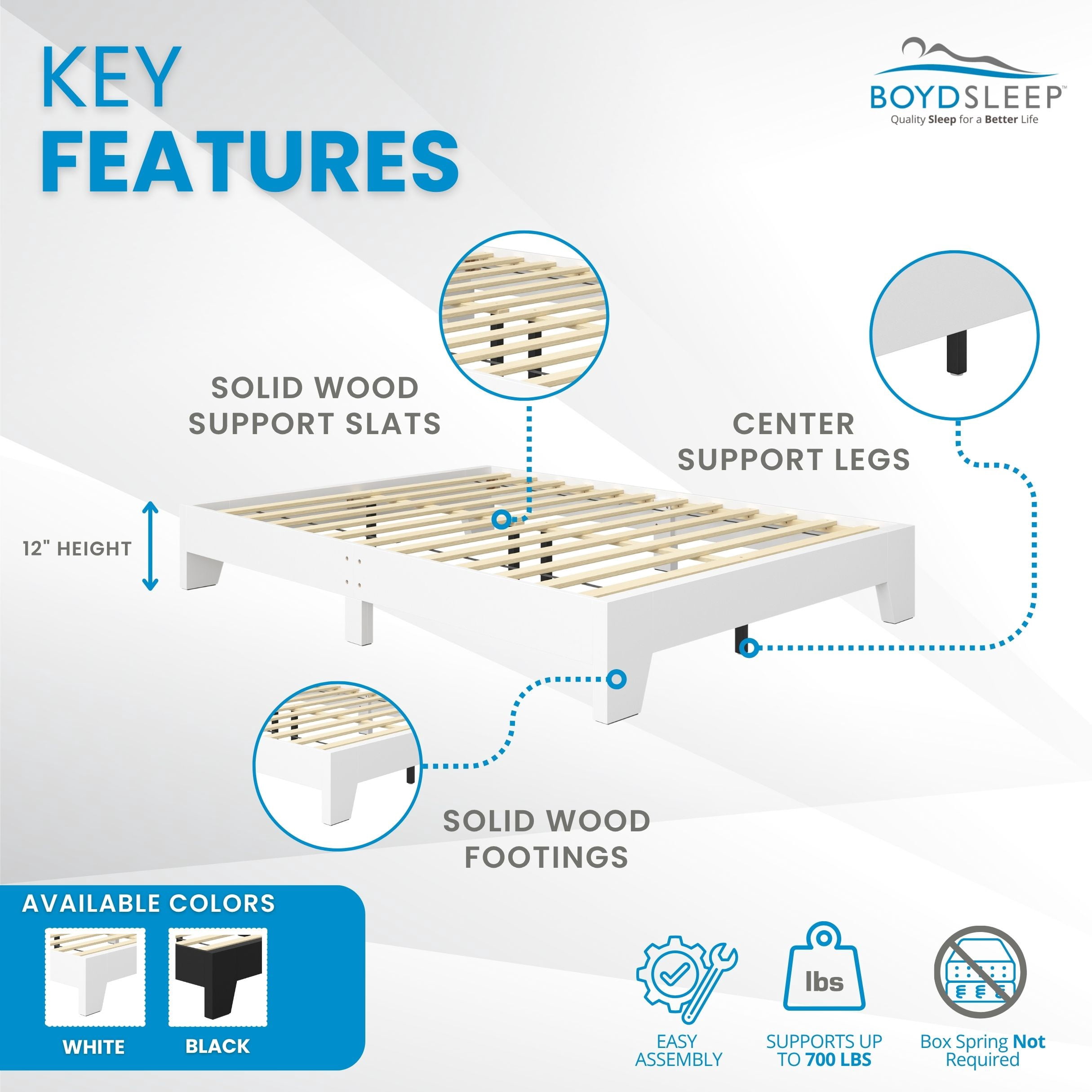 Boyd Sleep King Size White Wood Platform Bed Frame, Low-Profile Minimal Modern Bed, Laminate Finish