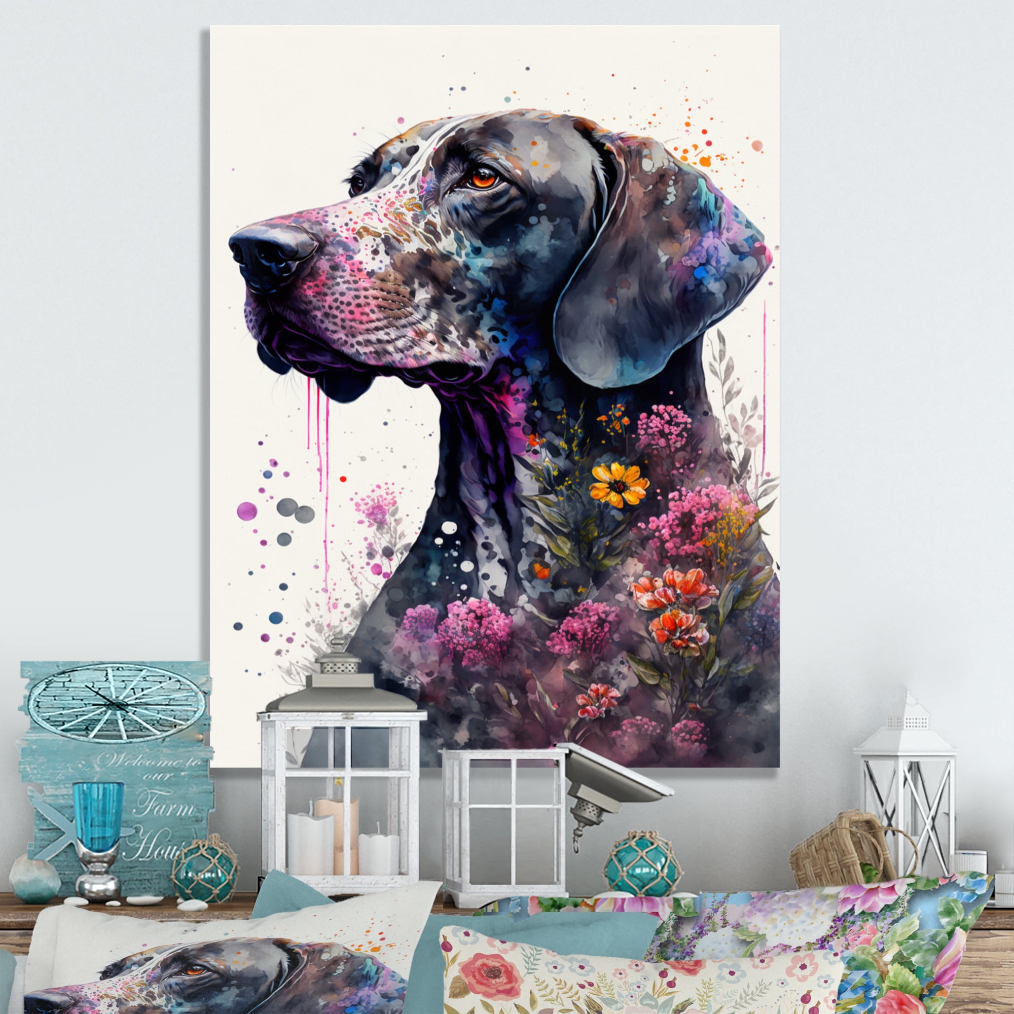 Designart Cute Germand Dog Floral Art Canvas Wall Art