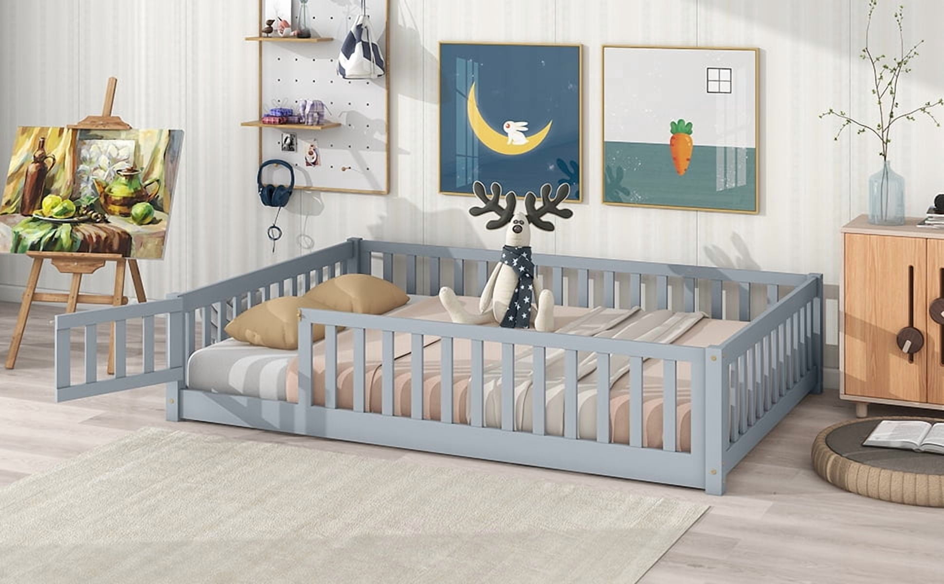 Full Size Floor Bed with Fence and Door,Rubber Wood Floor Bed with Safety Guardrails,Grey