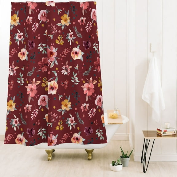 Society6 Ninola Design Countryside Floral Dark Red Shower Curtain 71" x 74"