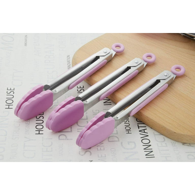 HINMAY Mini Tongs with Silicone Tips 7-Inch Serving Tongs, Set of 3 (Pink)