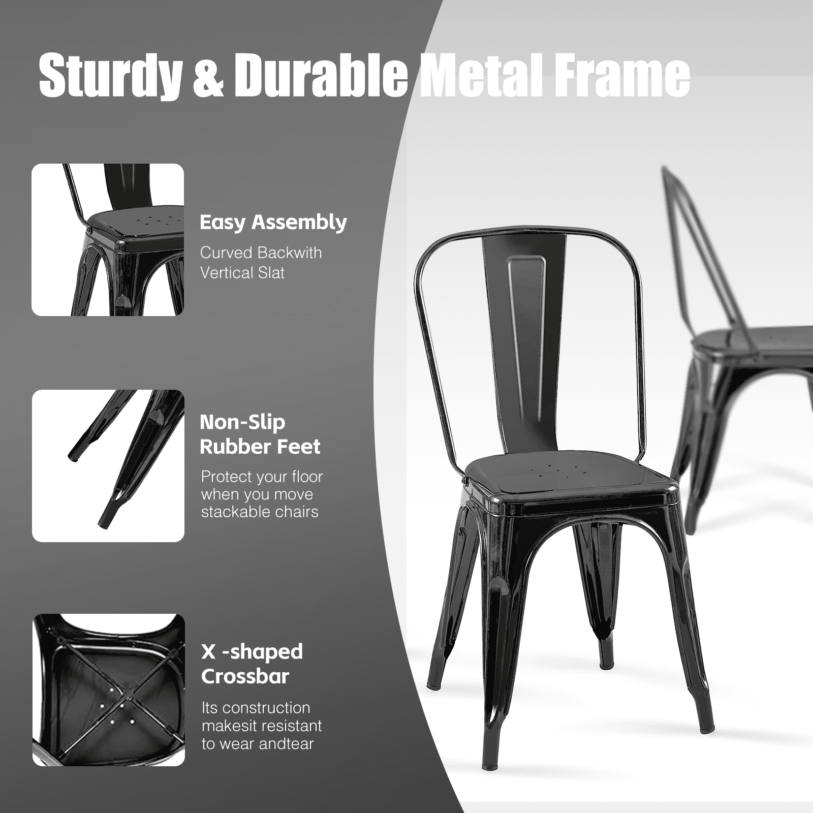 SOLEGGIATA Metal Dining Chairs Set Of 4 Stackable Tolix Style Indoor Outdoor Patio Kitchen Obsidian Black