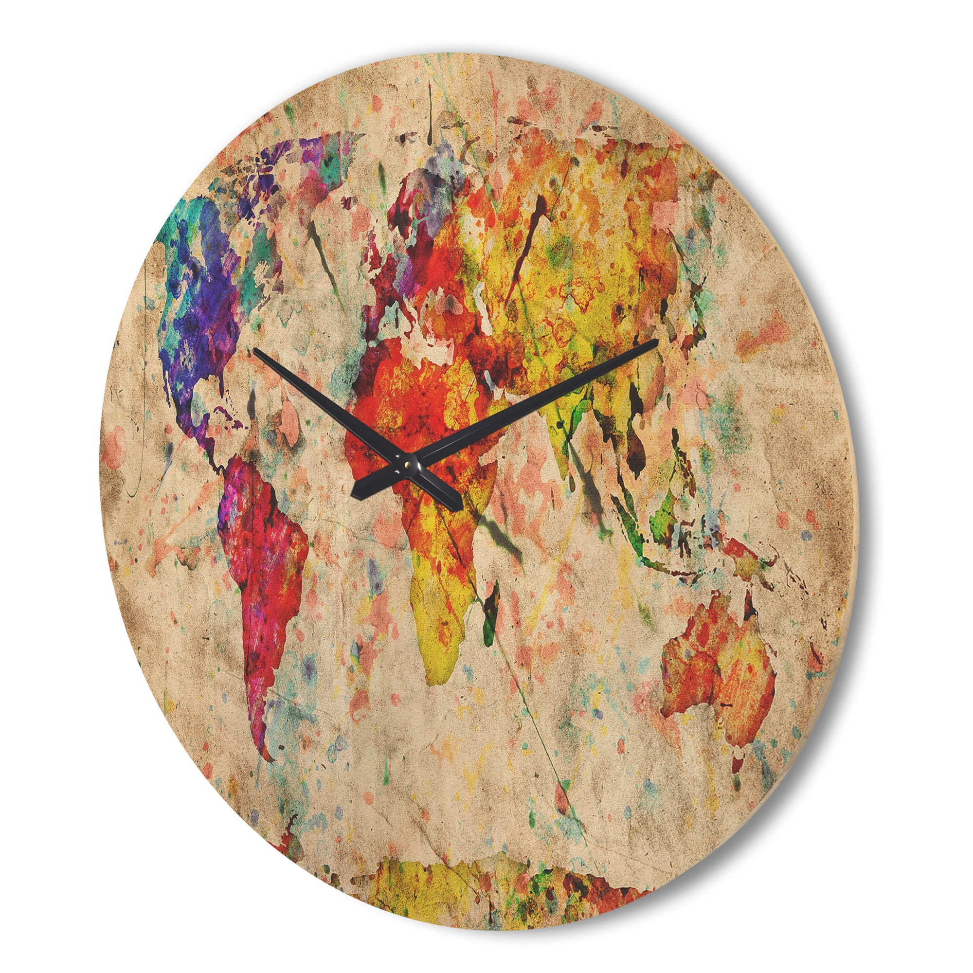 Designart 'Traditional World Map Watercolor ' Modern Wood Wall Clock