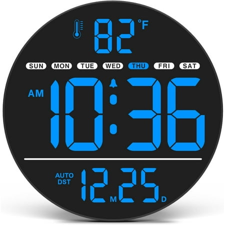 Large Digital Wall Clock with LED Display, Electric Wall Clock with Temperature, Auto DST, Date, and Day, 5-Level Brightness for Office, Bedroom, Living Room, Classroom Décor