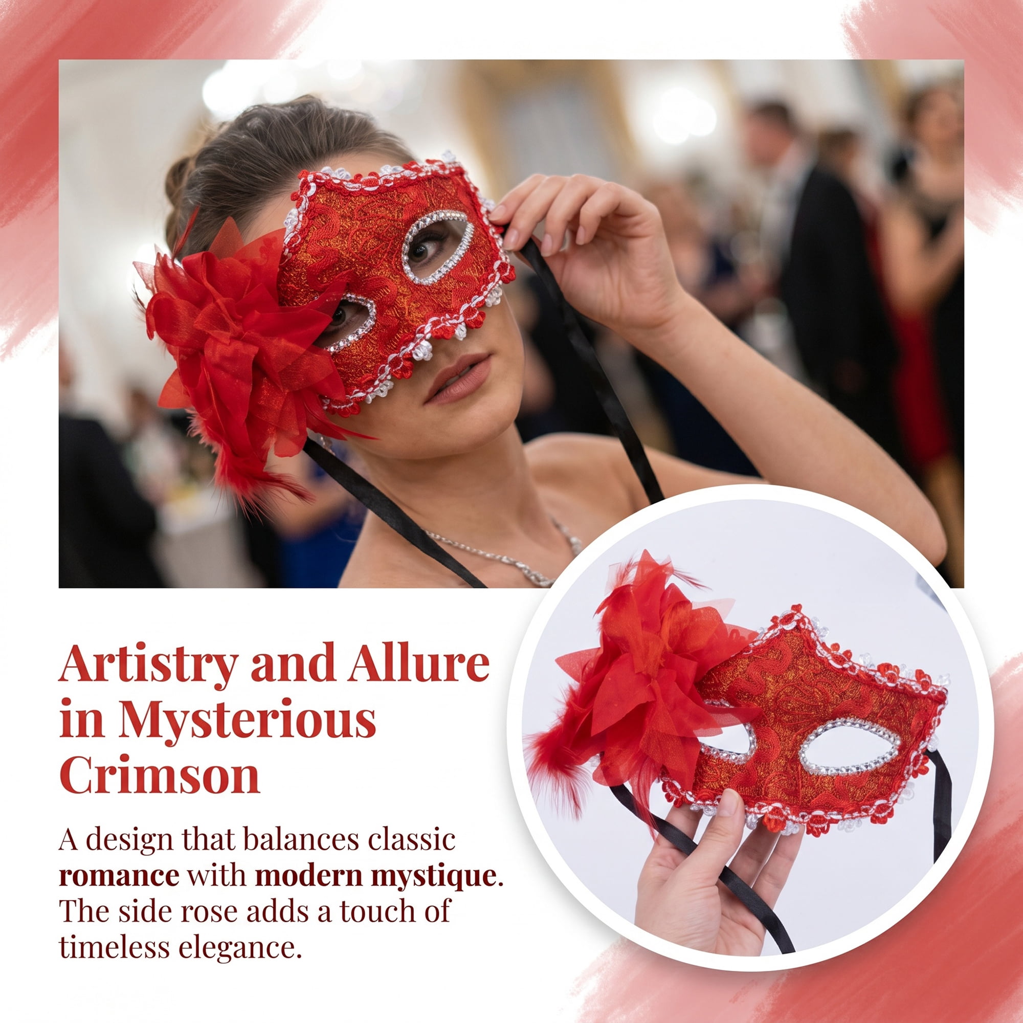 Unique Bargains Venetian Masquerade Mask, Side Flower Rose Eye Mask Red 6.3" x 4.3"