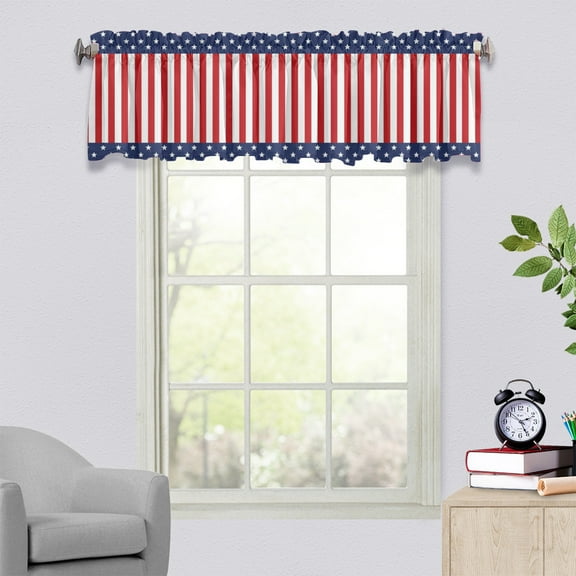 4th of July Curtains Valances for Kitchen Windows Patriotic Memorial Day Short Curtain & Drapes Rod Pocket USA American Flag Red White Blue Window Treatment for Living Room, Bedroom, Bathroom