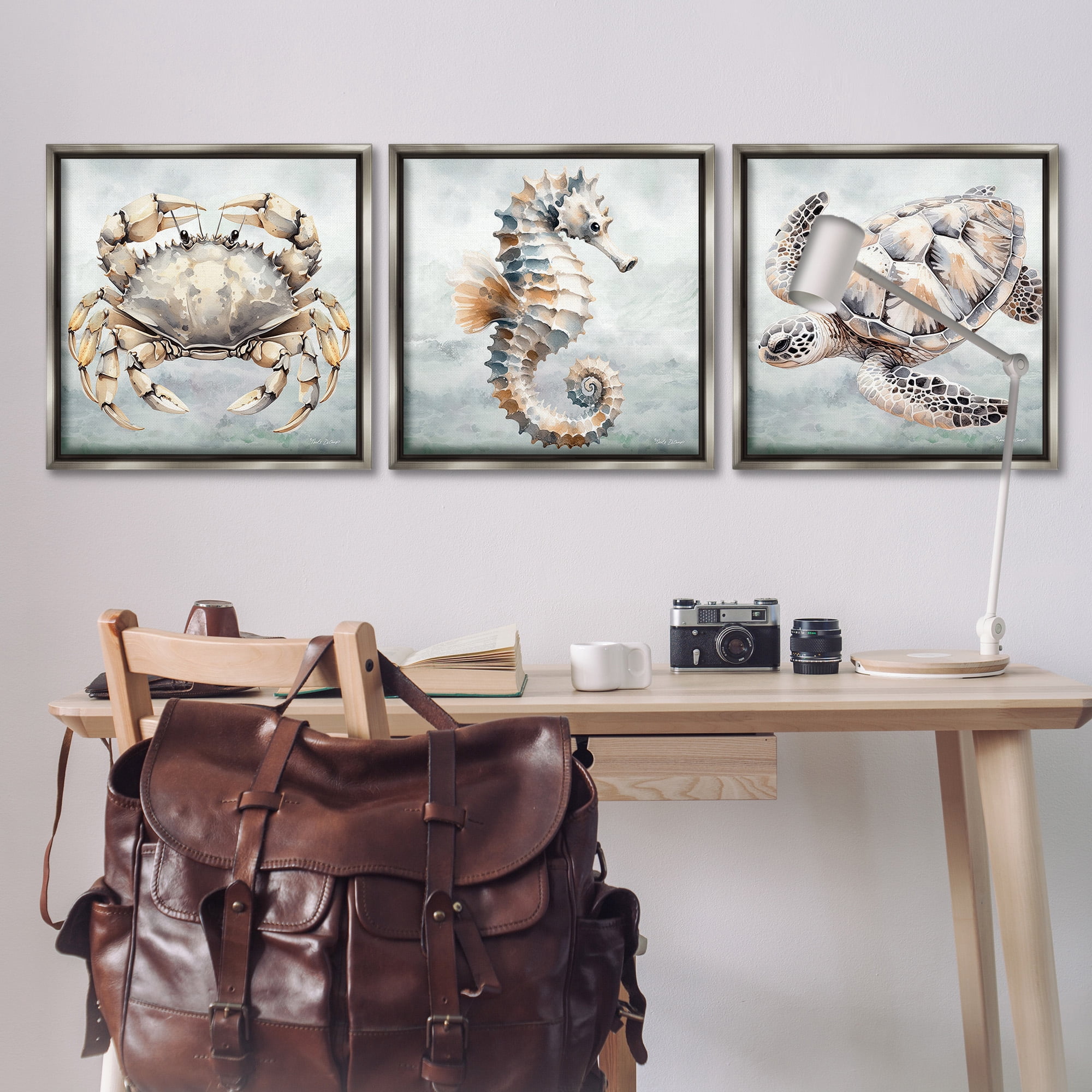 Stupell Industries Traditional Marine Life Animals & Insects Painting Gray Floater Framed Canvas Art Print Wall Art, 25 x 25, Set of 3