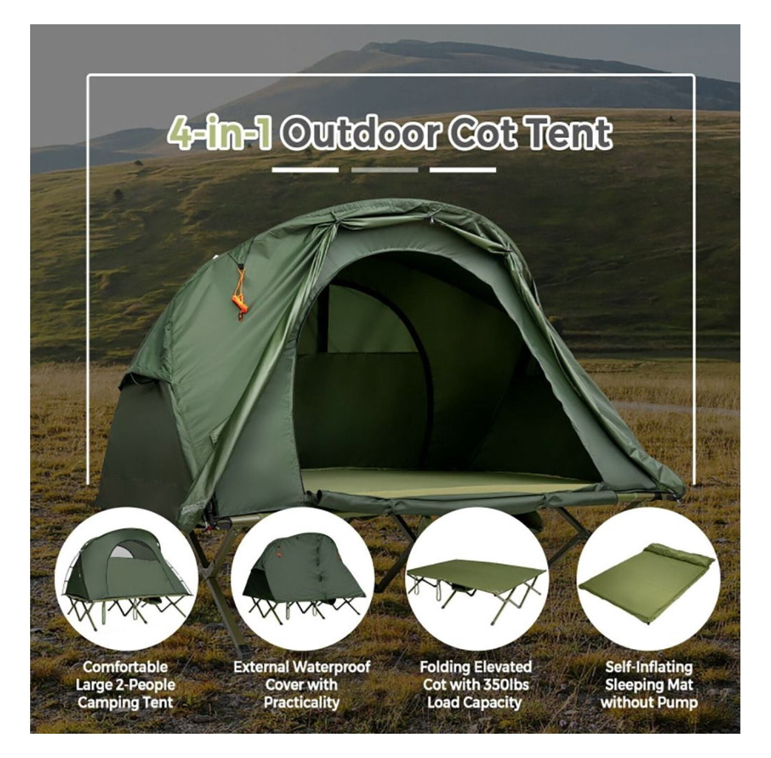 2-Person Camping Tent Cot, Outdoor Waterproof Tent with Self-Inflating Mattress, Portable 4-in-1 Camping Bed with Cover & Roller Bag