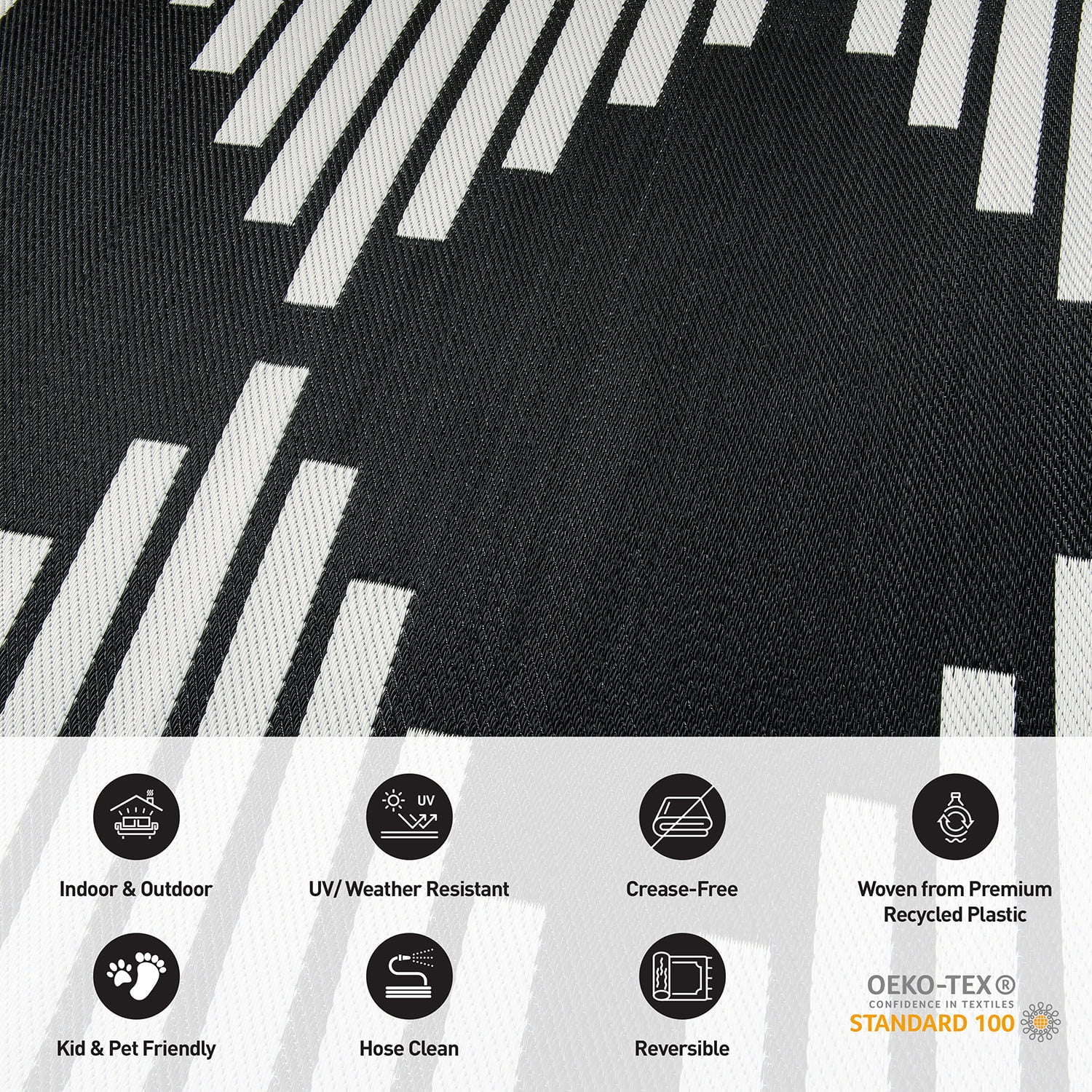 World Rug Gallery Bohemian Stripe Diamond Reversible Recycled Plastic Outdoor Picnic Mat, Camping Rug, RV Rug - BLACK 7'10"x10'