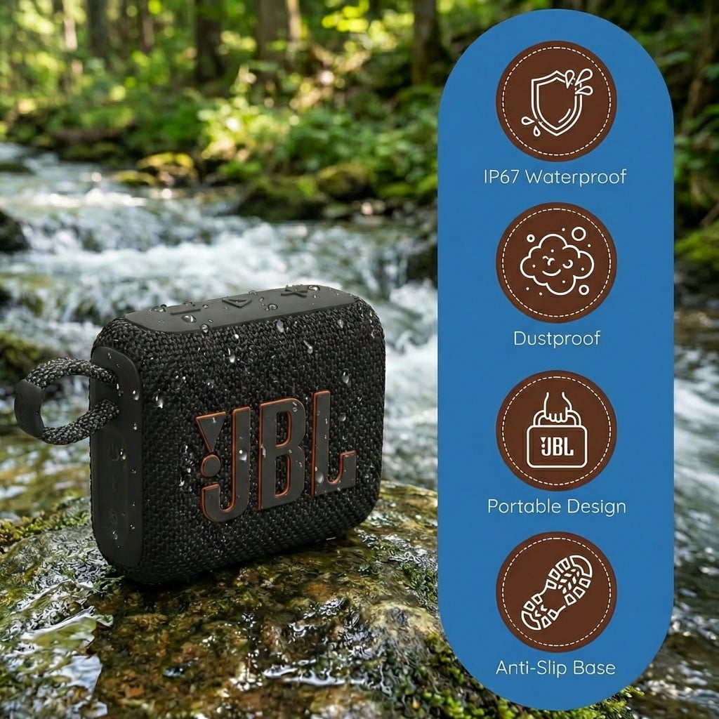 JBL Go 4 Portable Bluetooth Speaker, Built-in Battery, Waterproof and Dustproof - Black (JBLGO4BLKAM) + USB-C Adapter + MicroFiber Cloth (International Model)