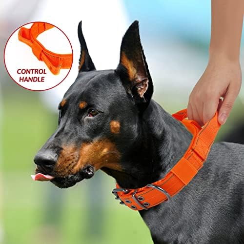 Reflective Dog Collar Heavy Duty Tactical with Control Handle and Metal Buckle for Dog Training(L,Orange)