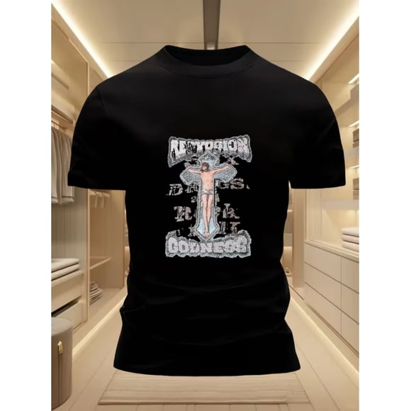 T-Shirt pour Hommes et Religieux avec Croix Grecque Tau et Imprimé de Résurrection - Bleu Marine à Manches Courtes Col Rond Vêtements d'Église S