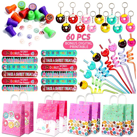 Happy Greetings 72 Pcs Donut Party Favors - 12 Sets of Donut Party Bags Keychain Wristband Stamps Straw Stickers for Boy Girl Sweet Doughnut Birthday Party Gift Bag Fillers