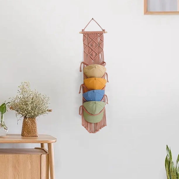 Sombrerero de pared para tapiz tejido | Organizador colgante de almacenamiento de gorras bohemias | Soporte de macramé de cuerda de algodón con borlas decorativas | Se adapta hasta 20 sombreros
