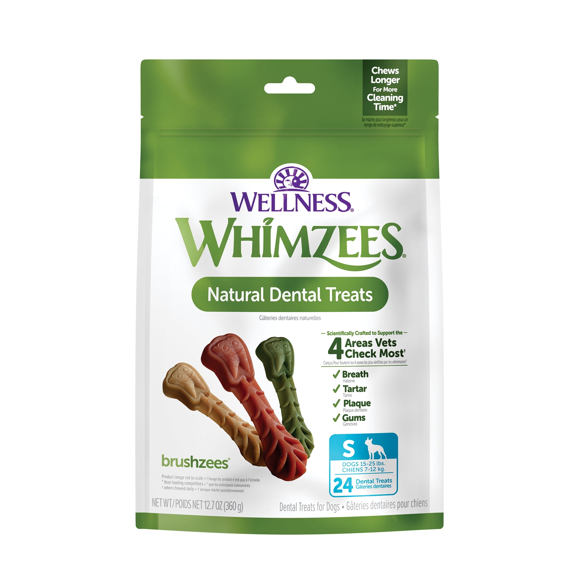 Wellness WHIMZEES Brushzees Natural Dog Dental Treat, VOHC Accepted Chews, Freshens Breath, Small Size, 12.7 oz Bag, 24 Count